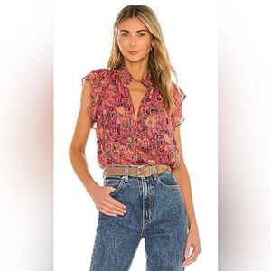 A.L.C. Womens 2 Hayley Silk Chiffon Metallic Floral Top Ruffle Sleeve